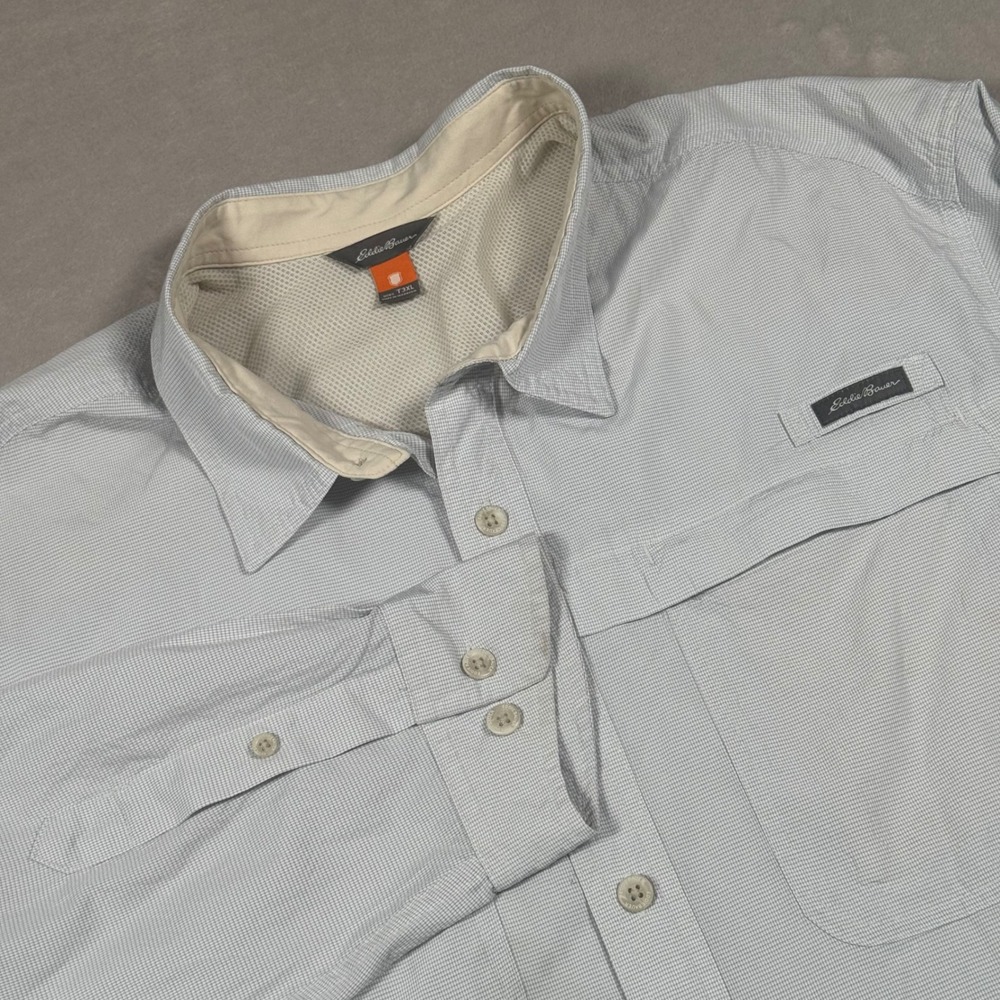 Eddie Bauer Fishing Shirt Mens T3XL Light Blue Micro Grid Long Sleeve Vent Back